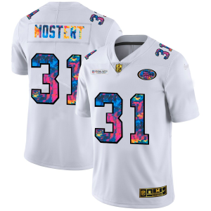 Finest San Francisco 49ers #31 Raheem Mostert Men's White Multi-Color 2020 NFL Crucial Catch Limited NFL Jersey