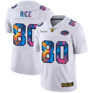 Finest San Francisco 49ers #80 Jerry Rice Men's White Multi-Color 2020 NFL Crucial Catch Limited NFL Jersey