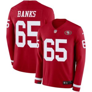 Finest 49ers #65 Aaron Banks Red Team Color Men's Stitched NFL Limited Therma Long Sleeve Jersey