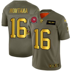 Outstanding San Francisco 49ers #16 Joe Montana NFL Men's Olive Gold 2019 Salute to Service Limited Jersey