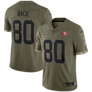 Superb San Francisco 49ers #80 Jerry Rice Men's 2022 Salute To Service Limited Jersey - Olive