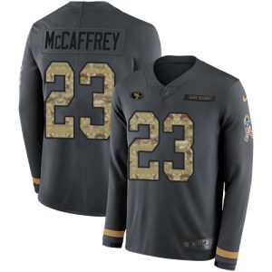 Outstanding 49ers #23 Christian McCaffrey Anthracite Salute to Service Men's Stitched NFL Limited Therma Long Sleeve Jersey