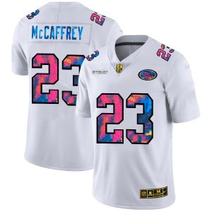 Amazing San Francisco 49ers #23 Christian McCaffrey Men's White Multi-Color 2020 NFL Crucial Catch Limited NFL Jersey