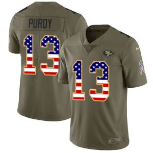 Superb 49ers #13 Brock Purdy Olive/USA Flag Men's Stitched NFL Limited 2017 Salute To Service Jersey