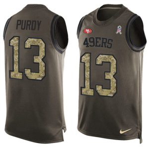 Finest 49ers #13 Brock Purdy Green Men's Stitched NFL Limited Salute To Service Tank Top Jersey
