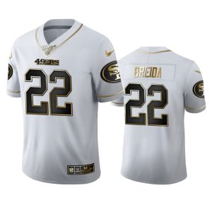Superb San Francisco 49ers #22 Matt Breida Men's White Golden Edition Vapor Limited NFL 100 Jersey