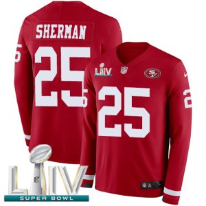 Exceptional 49ers #25 Richard Sherman Red Super Bowl LIV 2020 Team Color Men's Stitched NFL Limited Therma Long Sleeve Jersey