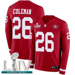 Premium 49ers #26 Tevin Coleman Red Super Bowl LIV 2020 Team Color Men's Stitched NFL Limited Therma Long Sleeve Jersey