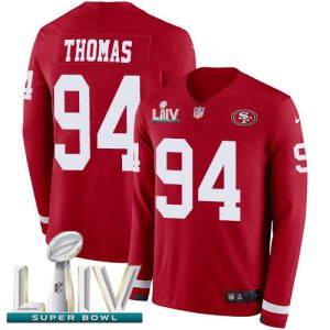 Fantastic 49ers #94 Solomon Thomas Red Super Bowl LIV 2020 Team Color Men's Stitched NFL Limited Therma Long Sleeve Jersey
