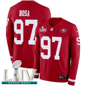 Fantastic 49ers #97 Nick Bosa Red Super Bowl LIV 2020 Team Color Men's Stitched NFL Limited Therma Long Sleeve Jersey
