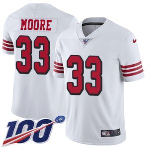 Premium 49ers #33 Tarvarius Moore White Rush Men's Stitched NFL Limited 100th Season Jersey