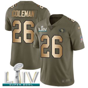 Exceptional 49ers #26 Tevin Coleman Olive/Gold Super Bowl LIV 2020 Men's Stitched NFL Limited 2017 Salute To Service Jersey
