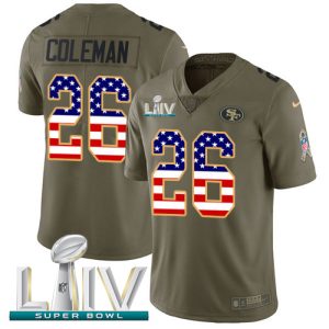 Superb 49ers #26 Tevin Coleman Olive/USA Flag Super Bowl LIV 2020 Men's Stitched NFL Limited 2017 Salute To Service Jersey