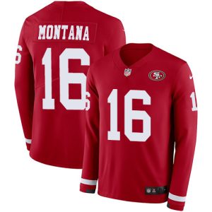 Delightful 49ers #16 Joe Montana Red Team Color Men's Stitched NFL Limited Therma Long Sleeve Jersey
