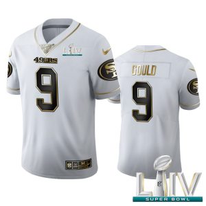 Superb San Francisco 49ers #9 Robbie Gould Men's White Golden Super Bowl LIV 2020 Edition Vapor Limited NFL 100 Jersey