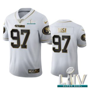 Fantastic San Francisco 49ers #97 Nick Bosa Men's White Golden Super Bowl LIV 2020 Edition Vapor Limited NFL 100 Jersey