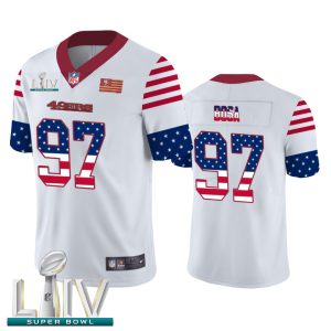 Superb San Francisco 49ers #97 Nick Bosa White Super Bowl LIV 2020 Men's Team Logo USA Flag Vapor Untouchable Limited NFL Jersey