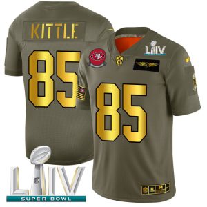 Exceptional San Francisco 49ers #85 George Kittle NFL Men's Olive Gold Super Bowl LIV 2020 2019 Salute to Service Limited Jersey