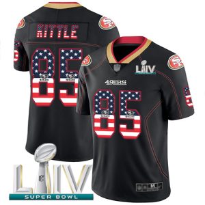 Amazing 49ers #85 George Kittle Black Super Bowl LIV 2020 Men's Stitched NFL Limited Rush USA Flag Jersey