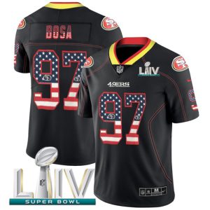 Outstanding 49ers #97 Nick Bosa Black Super Bowl LIV 2020 Men's Stitched NFL Limited Rush USA Flag Jersey