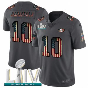 Impressive San Francisco 49ers #10 Jimmy Garoppolo Black Super Bowl LIV 2020 2018 Salute to Service Retro USA Flag Limited NFL Jersey