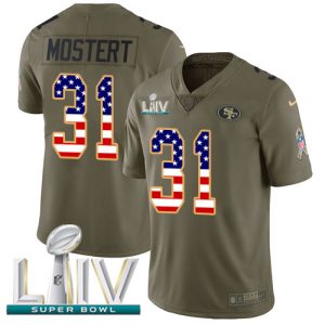 Premium 49ers #31 Raheem Mostert Olive/USA Flag Super Bowl LIV 2020 Men's Stitched NFL Limited 2017 Salute To Service Jersey